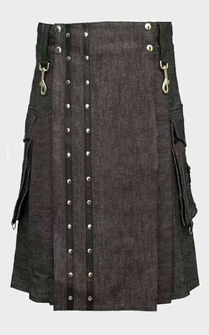 Black Denim Kilt with Cargo Pockets
