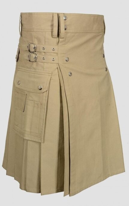 Khaki Utility Kilt with Round pockets For Men